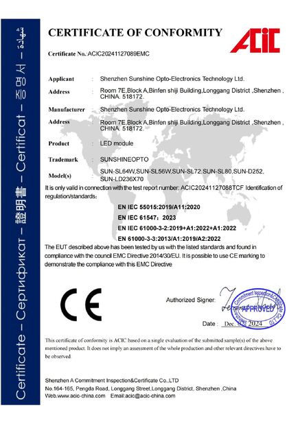 چین Sunshine Opto-electronics Enterprise Co.,ltd گواهینامه ها