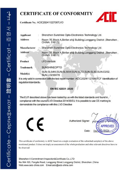 چین Sunshine Opto-electronics Enterprise Co.,ltd گواهینامه ها